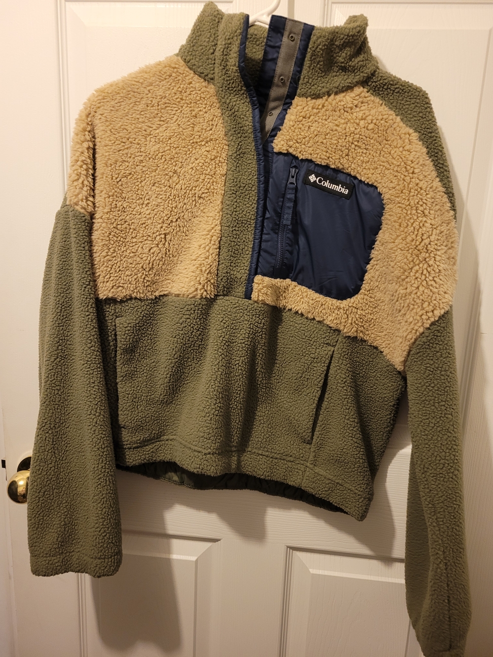 Columbia Sherpa Pullover in Olive, Tan & Navy Accent